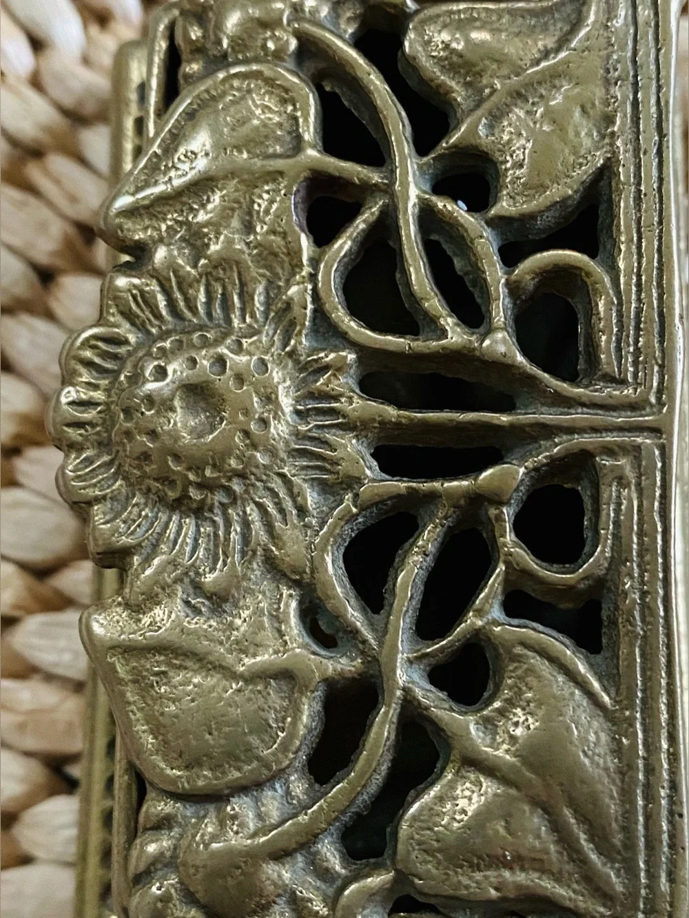 Vtg Stamp Box Ornate Art Nouveau Sunflower Brass Trinket Case Hinged Lid